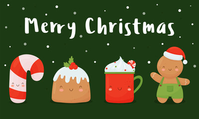 Christmas card with cute characters, candy cane, ginger man, cup and Christmas cake on a green background.