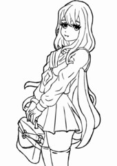 Beautiful anime schoolgirl girl in a green uniform with a briefcase long chestnut hair in stockings and a short skirt sticker linart vector graphics