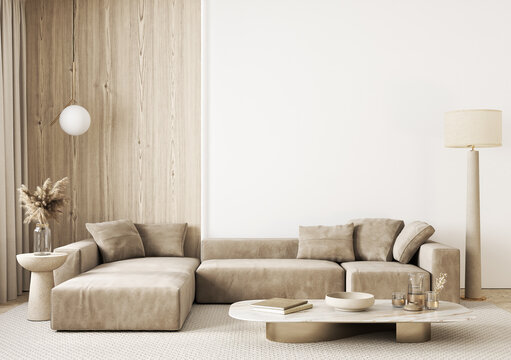 Contemporary interior with sofa and decor. 3d render illustration mockup.