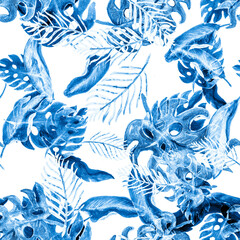 Cobalt Seamless Backdrop. Blue Pattern Set. Navy Watercolor Palm. Indigo Tropical Monstera. Beryl Floral Textile. Azure Summer Set. Botanical Plant.