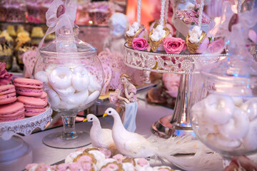 Delicious desserts at the wedding candy bar in the buffet area: statuette, figurine, cake pops, marshmallows, meringue