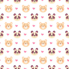 Seamless pattern with cute bears and pandas and hearts isolated on white background