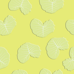 Light green leaves on yellow background for seamless pattern as vector illustration. Paper craft style.
