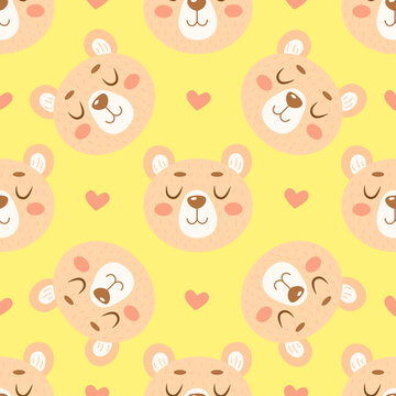 Seamless pattern with cute cartoon bears and hearts isolated on yellow background