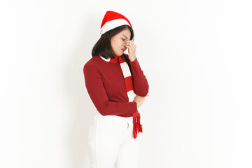 Got Headache of Beautiful Asian Woman Wearing Red Turtleneck and Santa Hat Isolated On White Background
