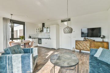 Interior of spacious living room with oriental decor