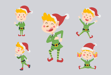 Obraz na płótnie Canvas Set of Cute Elf characters design. Funny and Happy cartoon kid elves with gift, skate, and decorative elements vector illustration