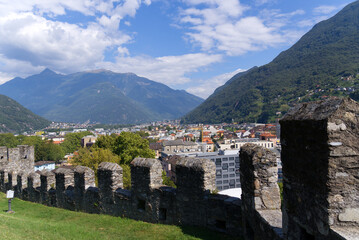 Fototapeta premium Unesco world heritage castle Castelgrande at City of Bellinzona, Canton Ticino, on a sunny late summer morning. Photo taken September 11th, 2021, Bellinzona, Switzerland.
