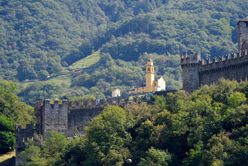 Fototapeta na wymiar Unesco world heritage castle Montebello at City of Bellinzona, Canton Ticino, on a sunny late summer morning. Photo taken September 11th, 2021, Bellinzona, Switzerland.