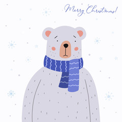 Merry Christmas greeting card. Cute teddy bear in a blue crocheted scarf. Holiday vector illustration