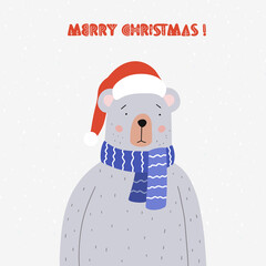 Merry Christmas greeting card. Cute bear in a blue scarf and Santa Claus hat. Holiday vector illustration