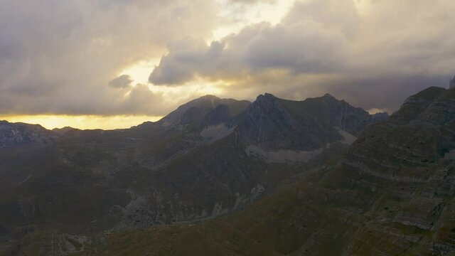 Fantastic sunset in Durmitor National Prk, Montenegro. Exciting summer view from Sedlo pass. Aerial drone view 4K.