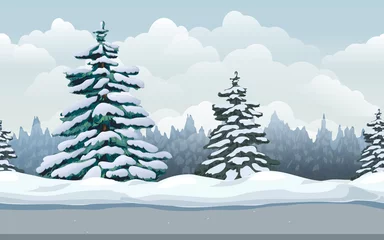 Poster Winter landscape seamless forest background. cartoon illustration of cold winter sunny day outdoor. cold season nature scene with snowy spruce, evergreen coniferous forest, snow drifts and road. © Elena