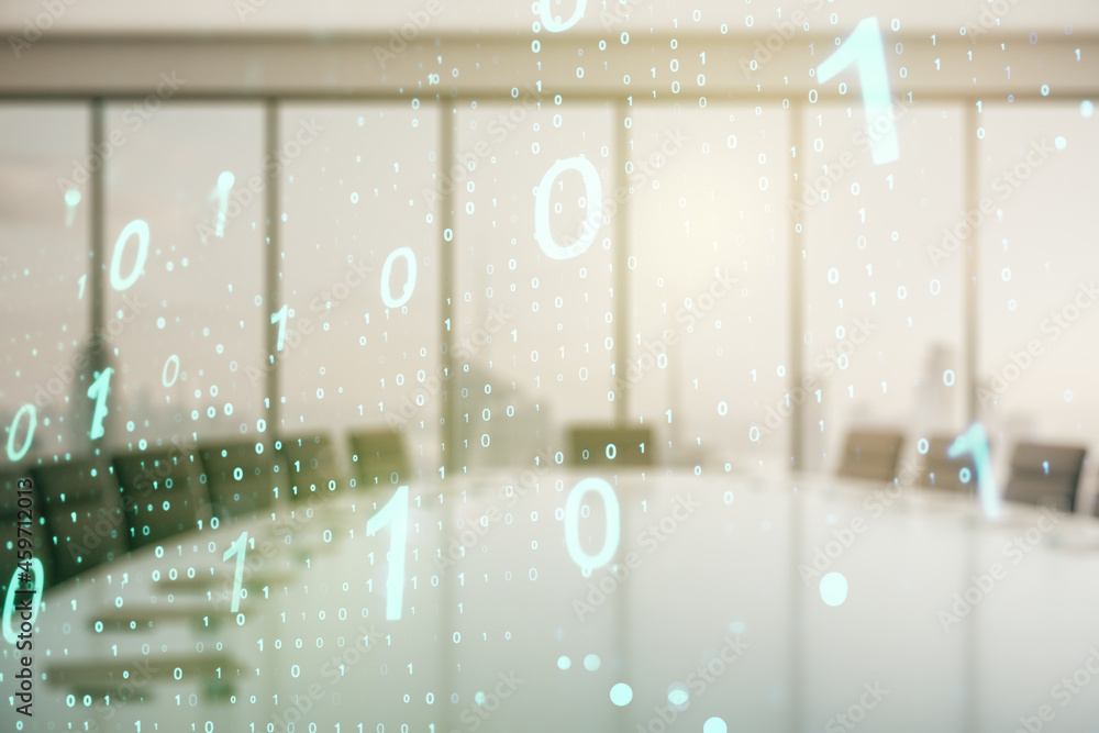 Poster abstract virtual binary code sketch on a modern boardroom background, hacking and matrix concept. mu