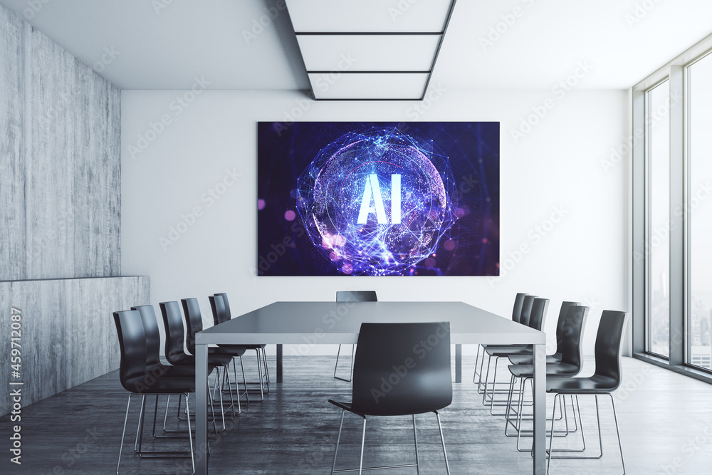 Poster creative artificial intelligence symbol concept on tv display in a modern presentation room. 3d rend
