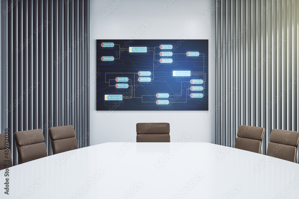 Poster abstract creative coding concept on presentation screen in a modern conference room. 3d rendering