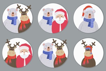 A set of greeting cards for Merry Christmas and Happy New Year. Teddy Bear, Reindeer and Sanja Claus. Holiday vector illustration