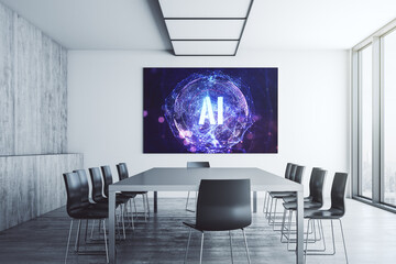 Creative artificial Intelligence symbol concept on tv display in a modern presentation room. 3D Rendering