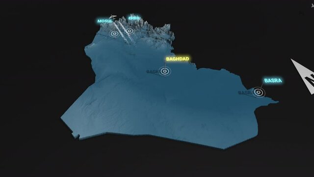 Seamless looping animation of the 3d terrain map at nighttime of Iraq with the capital and the biggest cites in 4K resolution