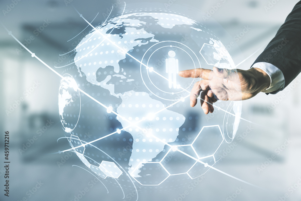 Poster man hand working with virtual social network hologram and world map on blurred office background. mu