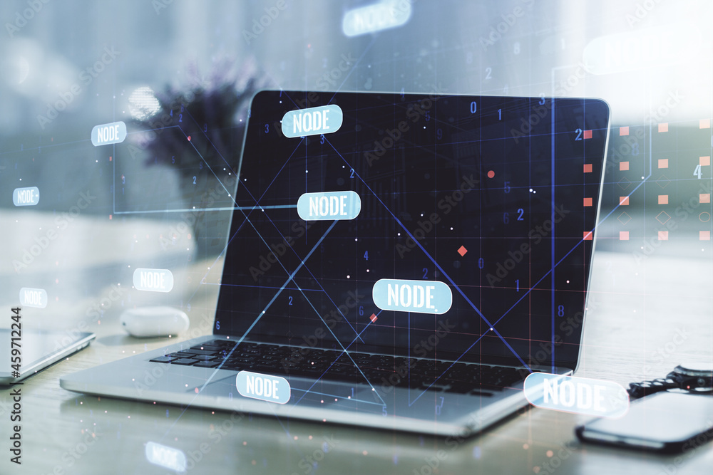 Poster double exposure of abstract creative programming illustration on computer background, big data and b