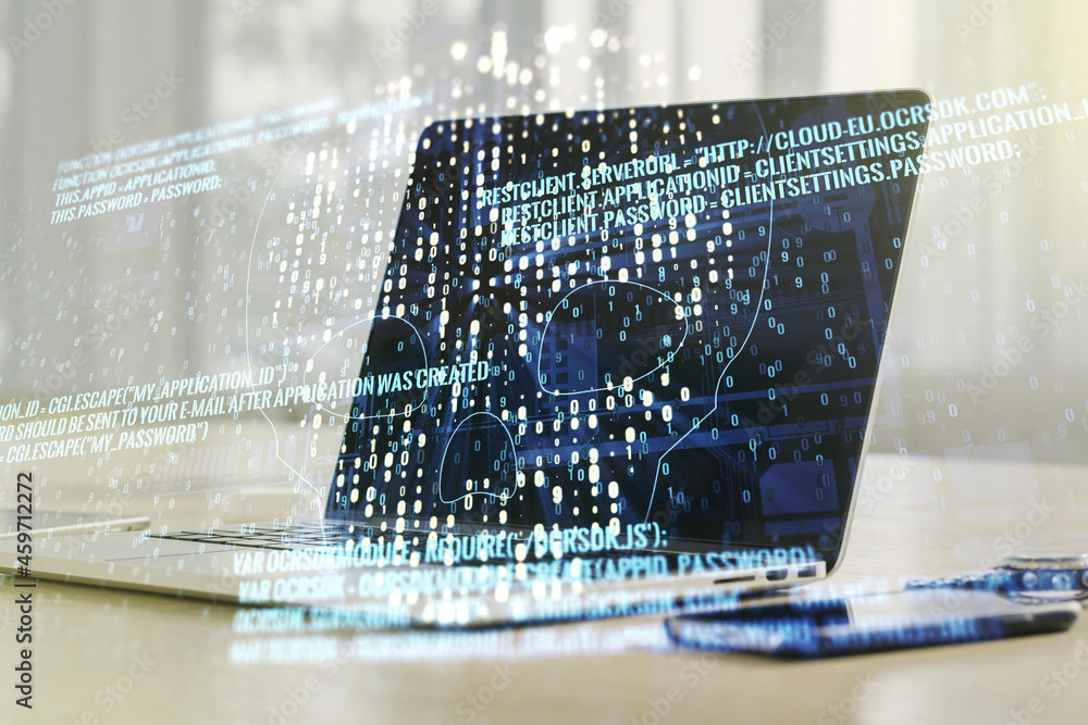 Poster creative code skull hologram on modern computer background, cybercrime and hacking concept. multiexp