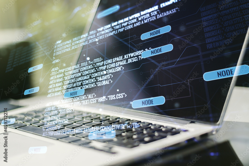 Aufkleber Double exposure of abstract programming language on laptop background, research and development concept