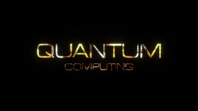 Quantum Computing cinematic trailer title Quantum Computing golden text with black background flashing movement ,4K 3D seamless loop Ending cover for title trailer. 3D Animation and rendering 
