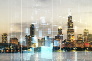 Multi exposure of abstract virtual graphic data spreadsheet sketch on Chicago cityscape background, analytics and analysis concept