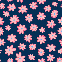 Pink ditsy daisy flower heads seamless repeat pattern. Random placed, vector botany floral elements all over print on dark blue background.
