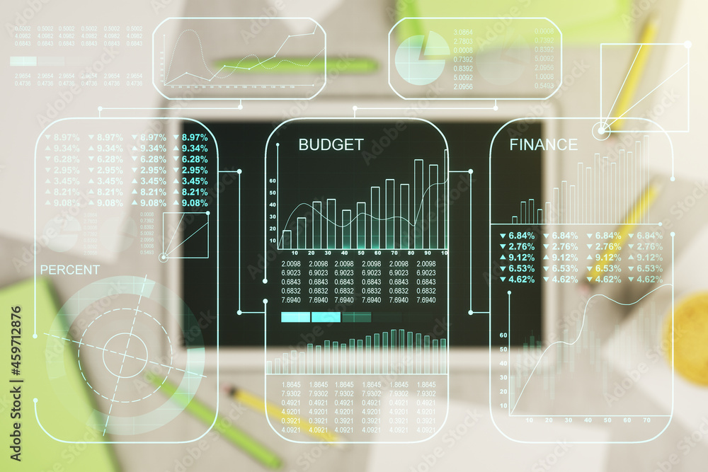 Poster multi exposure of creative statistics data hologram and digital tablet on background, top view, stat