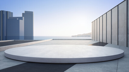 Empty concrete floor and round white podium. 3d rendering of sea view plaza with clear sky background.