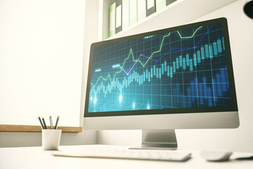 Modern computer screen with abstract creative financial chart, research and analytics concept. 3D Rendering
