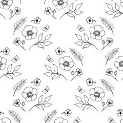 Seamless pattern of bouquets of flowers, branches in the style of doodle, black outline drawing.