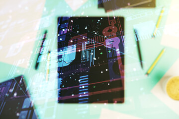 Double exposure of abstract creative programming illustration and modern digital tablet on...