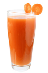 Glass of carrot juice decorated sliced carrots isolated