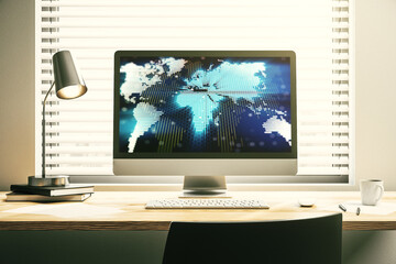 Modern computer display with abstract graphic world map, big data and networking concept. 3D Rendering