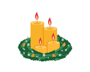 Advent wreath with four burning yellow candles and decor