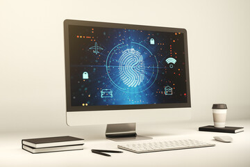 Abstract creative fingerprint hologram on modern computer monitor, protection of personal information concept. 3D Rendering