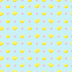 Seamless pattern with yellow crowns and pink sweets in cartoon style on a blue background.