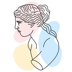 Hand drawn vector of ancient Greek girl bust. Illustration of classic greek sculpture in lineart style with color background.