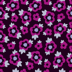 Seamless floral vector pattern in dark colors. Elegant backdrop in purple shades.