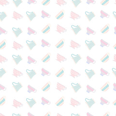 Seamless pattern with tea and coffee cups in pastel colors on white background. Shabby chic backgroun.