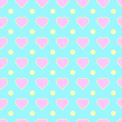Fototapeta na wymiar Pink hearts with rounded strokes and yellow circles on a blue background. Vector seamless pattern in bright colors.