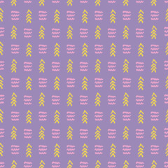 Seamless pattern with yellow arrows and pink doodles on a lilac background. Trendy colorful backdrop.