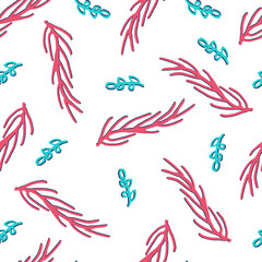 Seamless pattern with red and blue floral elements on white background.