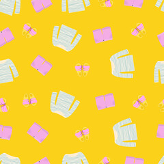 Seamless pattern with striped sweater, shorts and flip flops in pink, green and yellow colors.