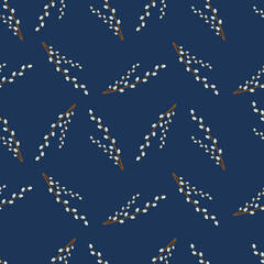 Willow branches seamless pattern on dark blue background. Elegant backdrop.