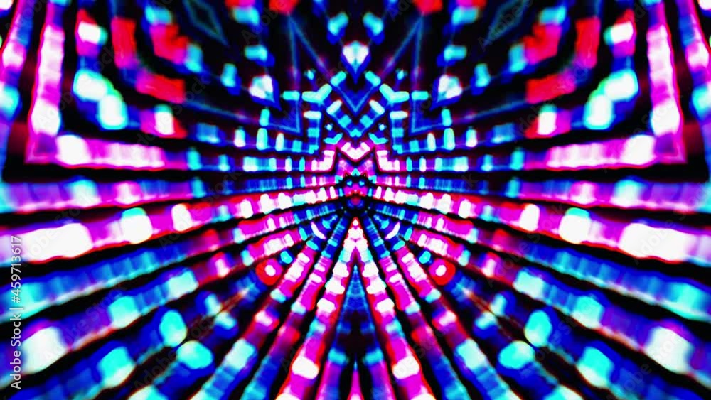 Poster infinite loop colorful rotating tunnel of shining blue red neon color lights. 4k abstract digital tu