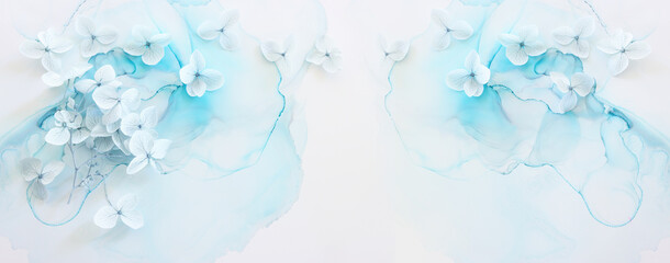 Creative image of pastel blue Hydrangea flowers on artistic ink background. Top view with copy space